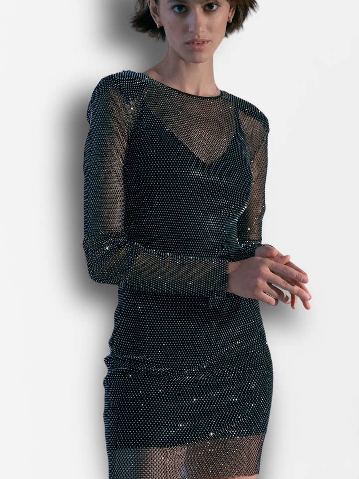 Sort mesh minikjole med krystaller. for engroshandel hos Semenenko