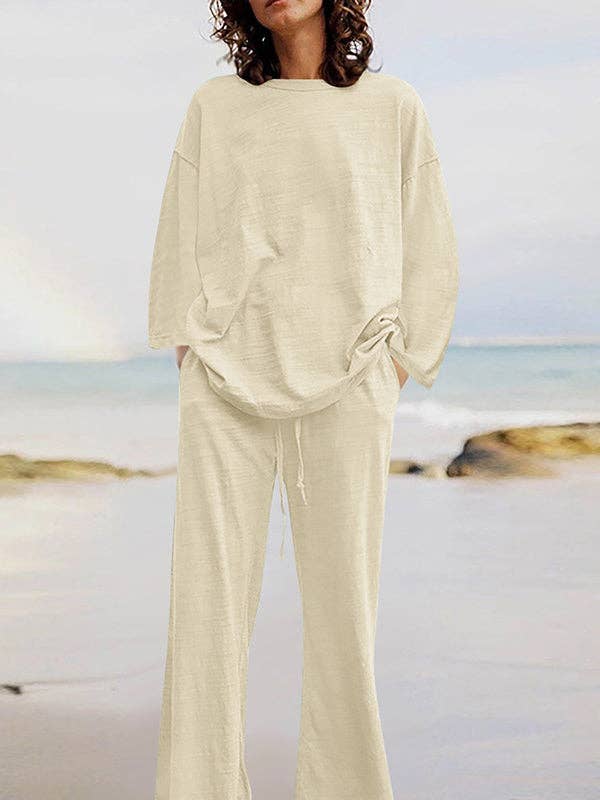 Plush Looks - Venta al por mayor Conjuntos de top y pantalón (NO para estar en casa) - Mujer - Conjunto de camisas holgadas de manga larga con cuello redondo y pantalones con cordón en la parte inferior de dos piezas