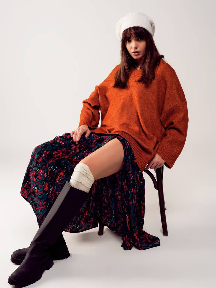 Robe pull oversize à col en V orange pour la vente par Q2—All Orders:Free Duties for the US,UK,and Canada