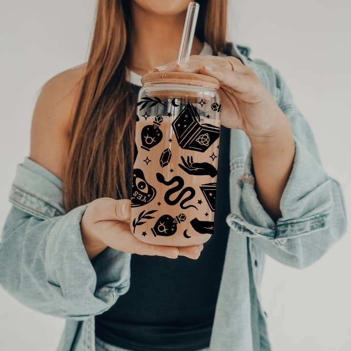 SKS Design Studio - Wholesale Drinking Glass/Cup - Spellcraft | 20 oz Glass Tumbler with Bamboo Lid & Straw
