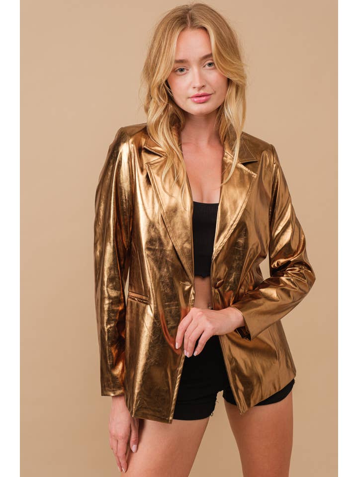 Blue B - Wholesale Blazer - Women's - 61245J - Metallic Pu Loose Single Blazer Jacket8