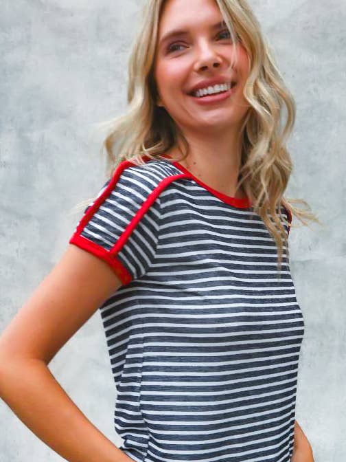 NAVY WHITE PLUS RINGER PIPED TRIM SHORT SLEEVE KNIT TOP for wholesale on Faire