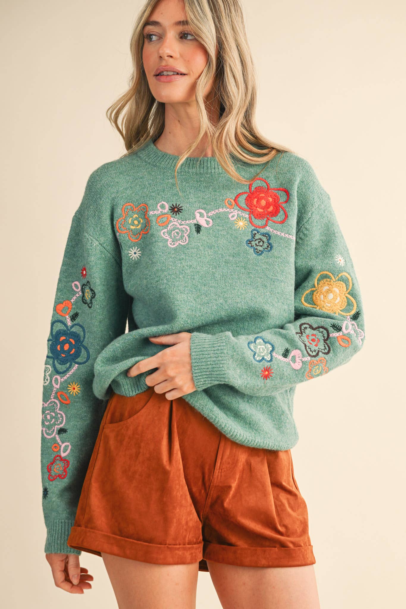 &MERCI - Wholesale Knit Sweater - Women's - FLORAL EMBROIDERY PULLOVER SWEATER MSW1096312