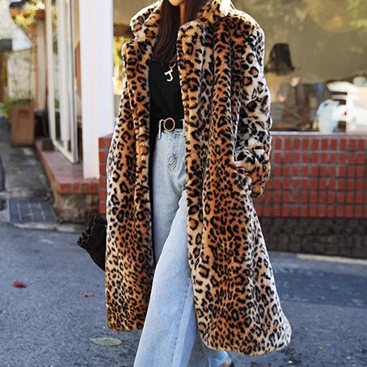 Street Wild Leopard Pattern Faux Fur Long Coat for wholesale on Faire