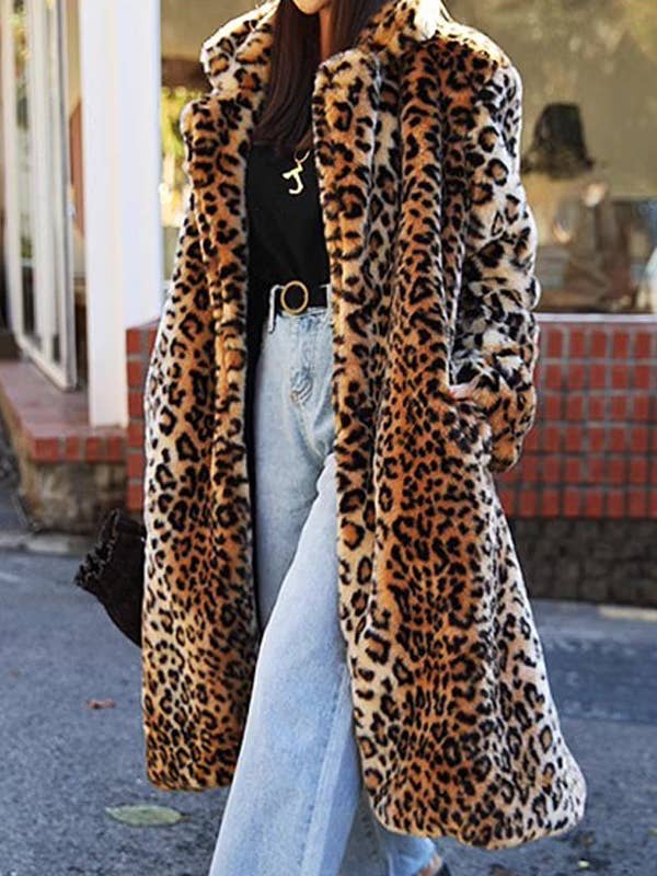 Street Wild Leopard Pattern Faux Fur Long Coat for wholesale by Rosa Clothing