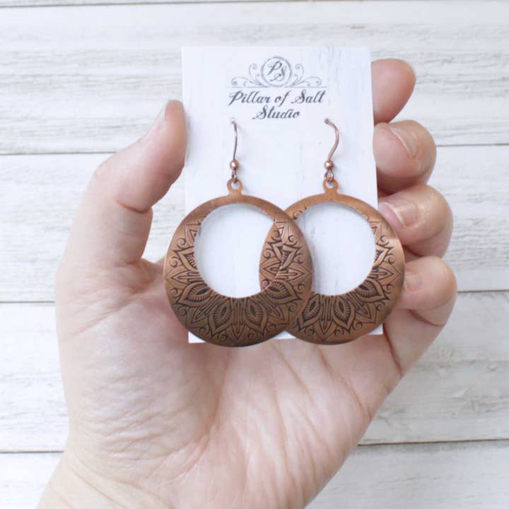 Pillar of Salt Studio - Wholesale Dangle Earrings - Copper Mandala Agogo Hoop Handmade Earrings1