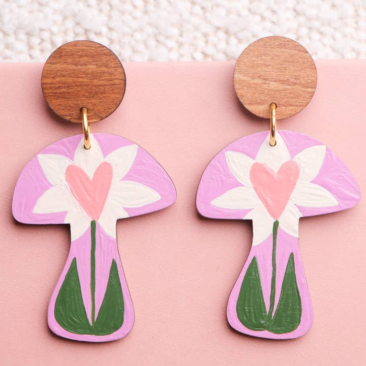 Heart Flower Mushroom Earrings for wholesale by Mushroom Menagerie