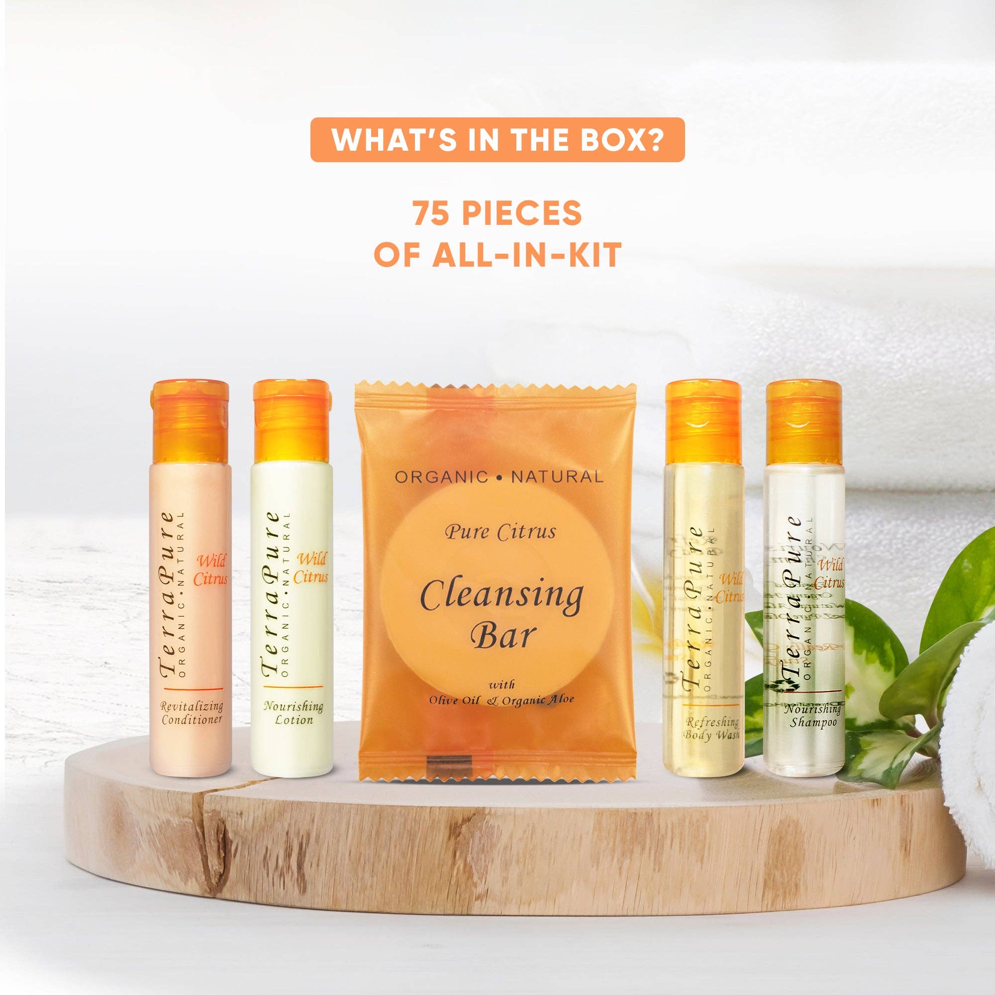 Diversified Hospitality Solutions – Engroshandel Bade- og kropssæt – Terra Pure Wild Citrus Hotel Sæber og Toiletartikler Bulk Sæt | 1-Shoppe All-In-Kit til Hoteller | 1oz Shampoo & Balsam, Body Wash, Lotion & 1.25oz Sæbebar | Rejsestørrelse Toiletartikler 75 Stykker2