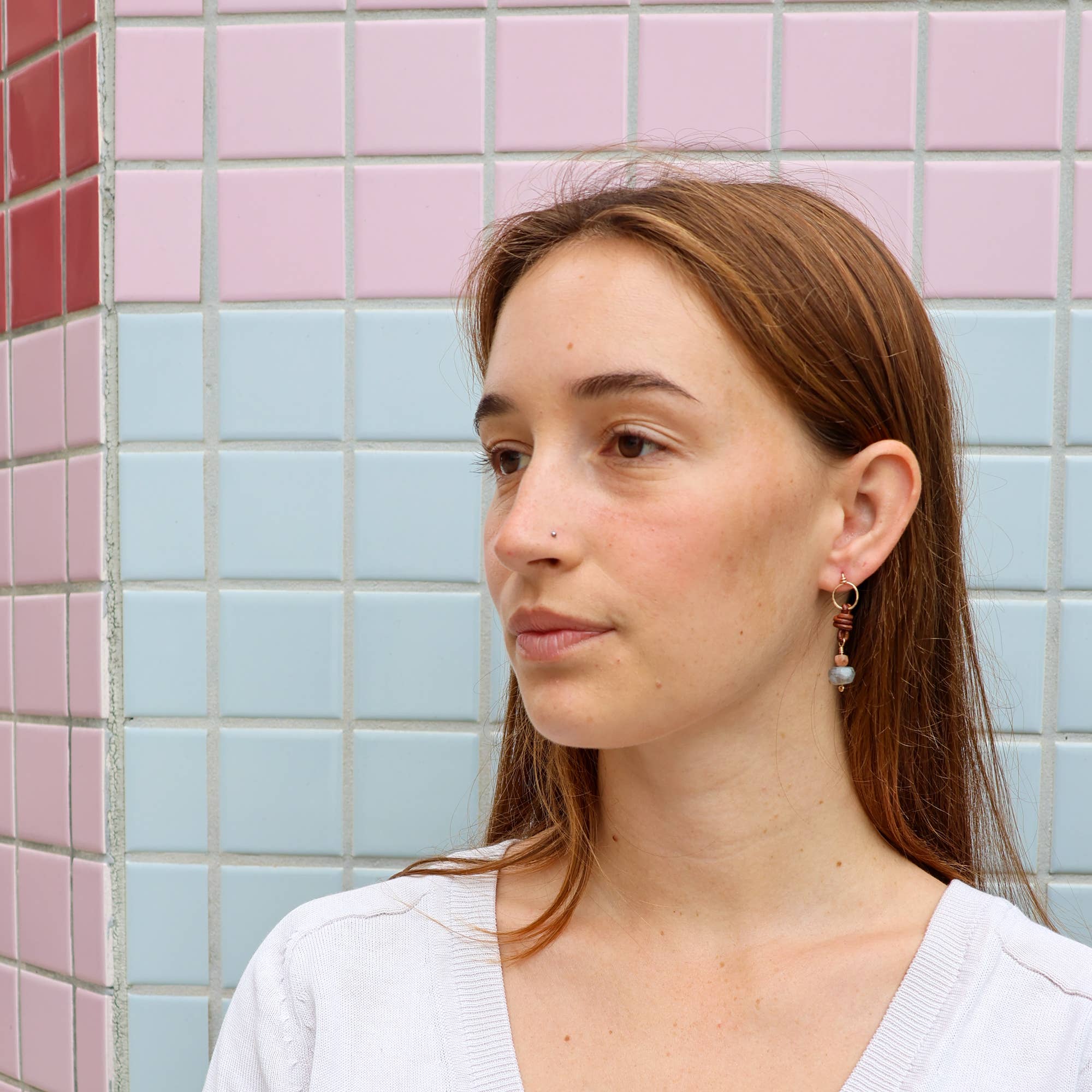 The Stitch Alliance - Wholesale Dangle Earrings - Labradorite & Sunstone Drop Earrings 14k Gold Fill Leather1