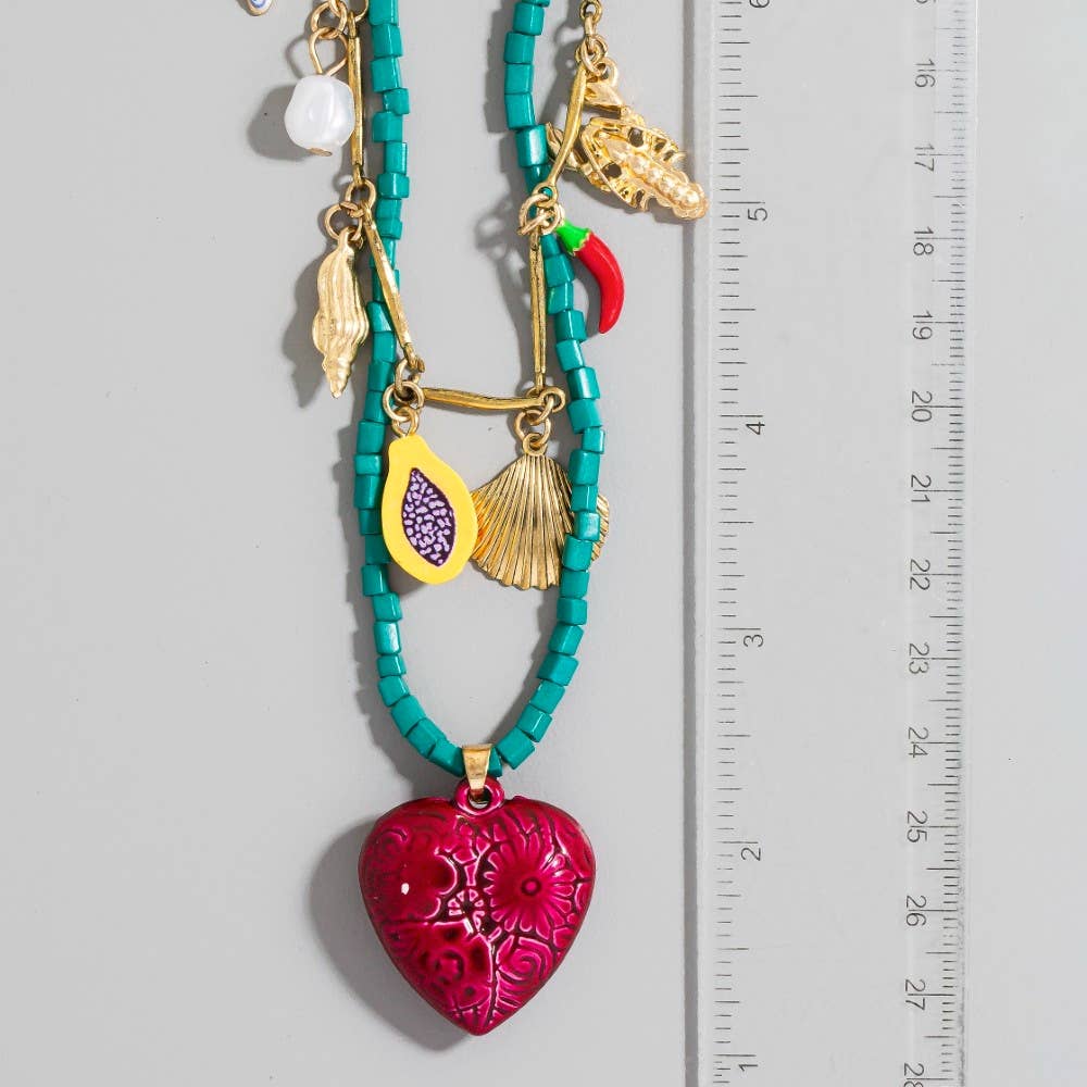MU Sea Life Heart and Fruit Charms Layered Beaded Necklace for wholesale on Faire2