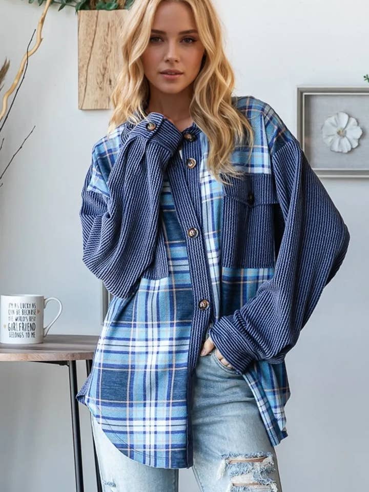 Oh Plaid Button Up Long Sleeve Shacket with Breast Pockets for wholesale by Salty Bloom