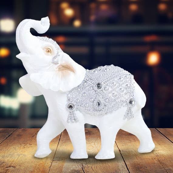 7"W Silver White Thai Elephant Trunk Up Figurine Home Decor for wholesale by FC Design