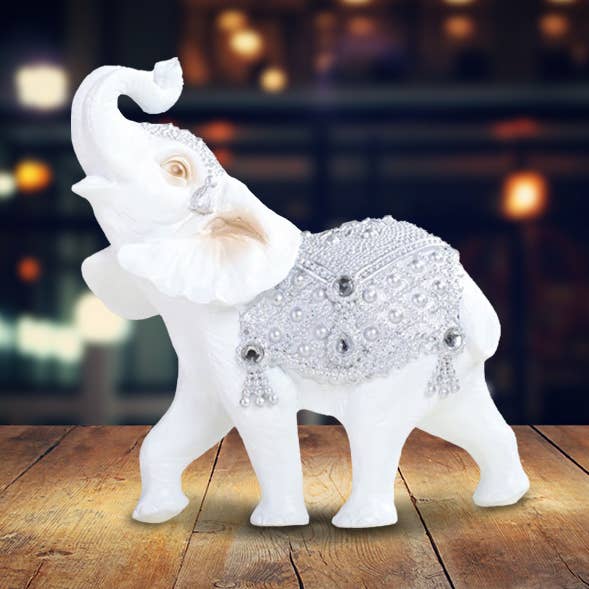 7"W Silver White Thai Elephant Trunk Up Figurine Home Decor for wholesale by FC Design