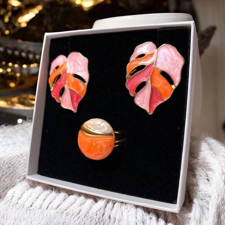 Conjunto «FRESH NARANJA» anillo y pendientes - acero dorado para venta al por mayor de TOURMALYN