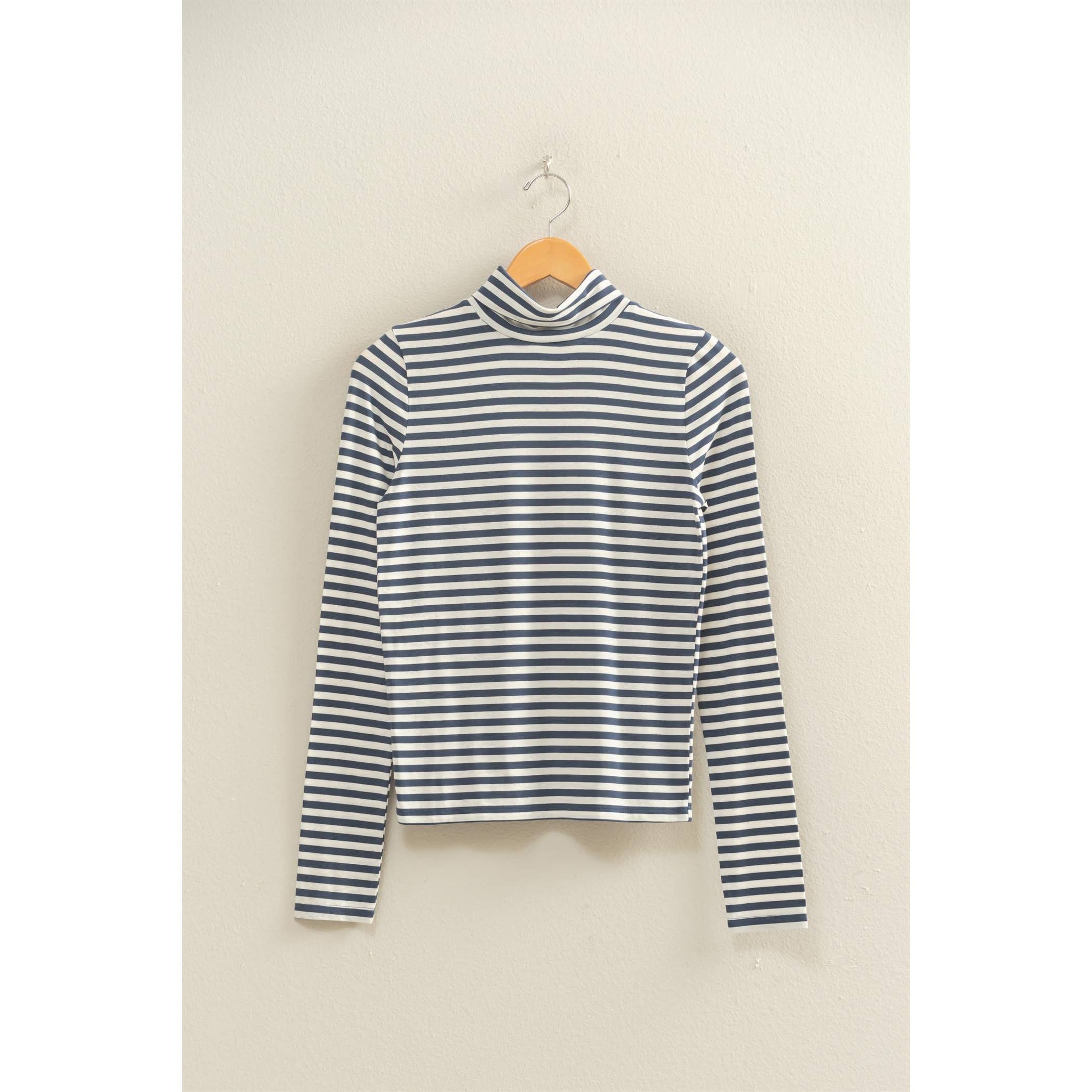 Double Zero - Wholesale Knit Top - Women's - Striped Turtleneck Fitted Long Sleeve Top0