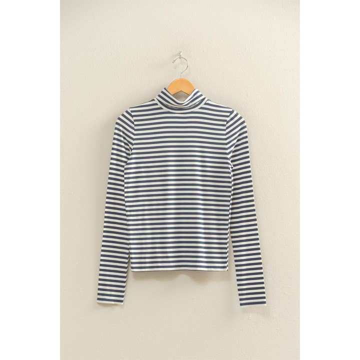Double Zero - Wholesale Knit Top - Women's - Striped Turtleneck Fitted Long Sleeve Top