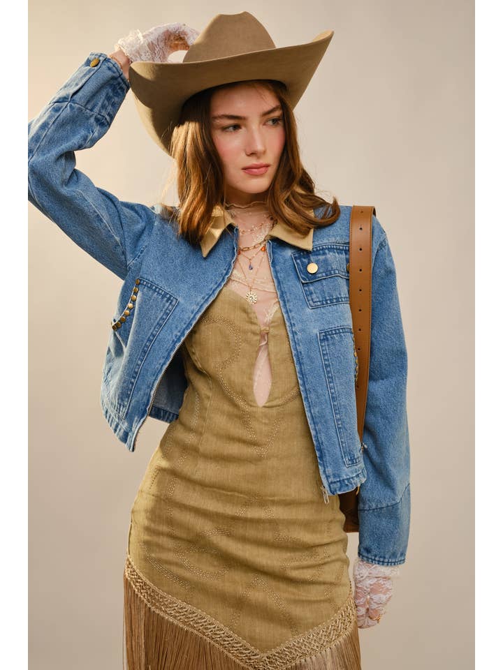 MED WASH 23687J Stud Trimmed Cropped Denim Jacket for wholesale on Faire1