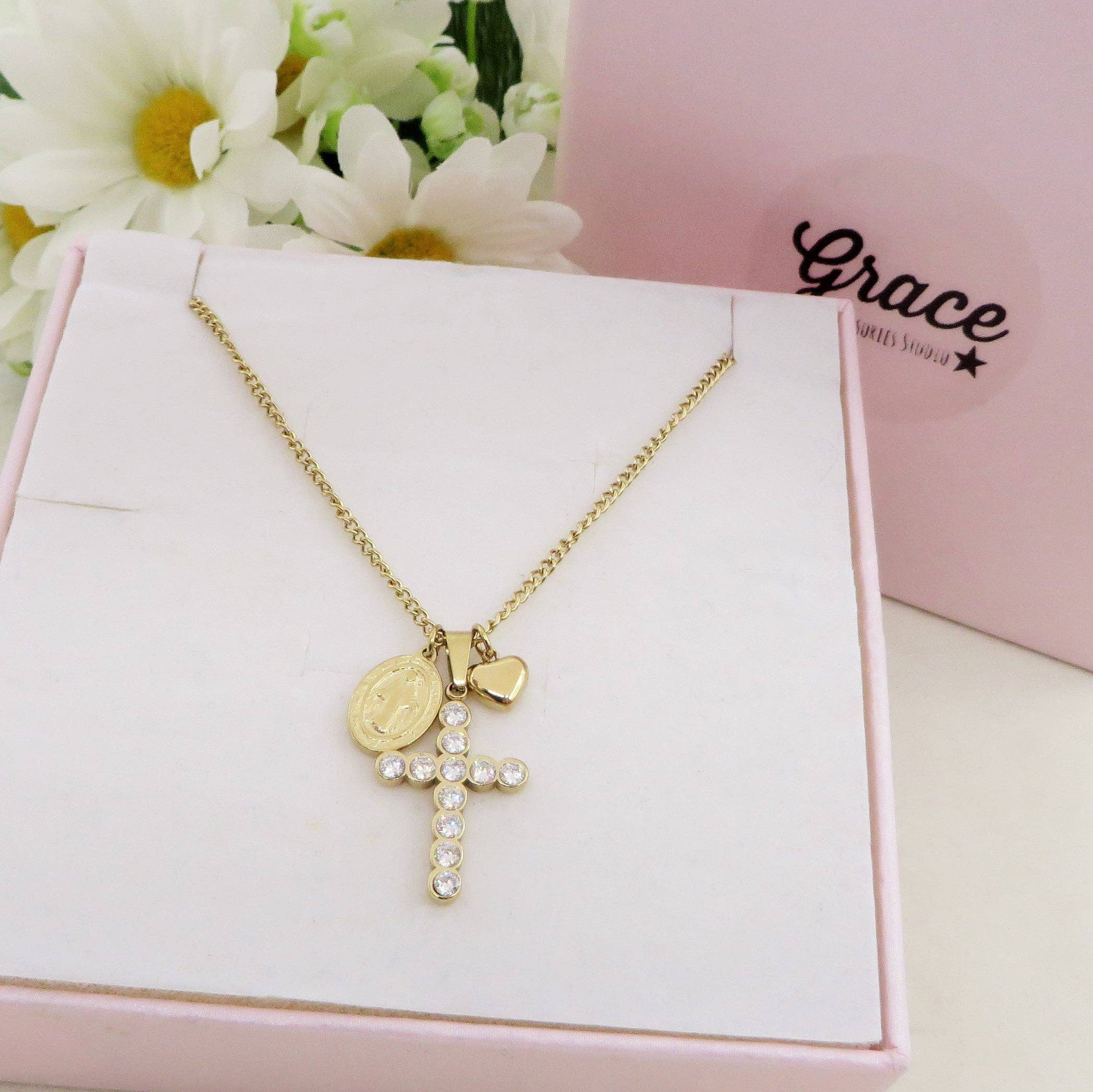 Daemon srls - Vente Colliers à pendentif - HOLY ~ Collier en acier inoxydable avec pendentifs sacrés : croix, madonnina et cœur bombé2