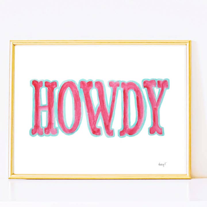 Print | Hot Pink Blue Howdy Western Watercolor | Various Sizes for wholesale by Shop Art by Audrey