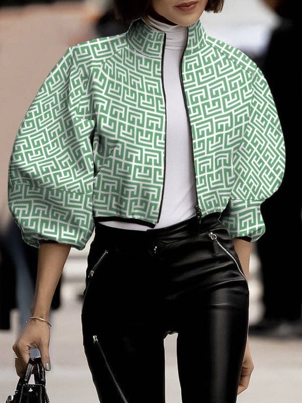 RED Loose Puff Sleeves Printed Stand Collar Outerwear for wholesale on Faire4