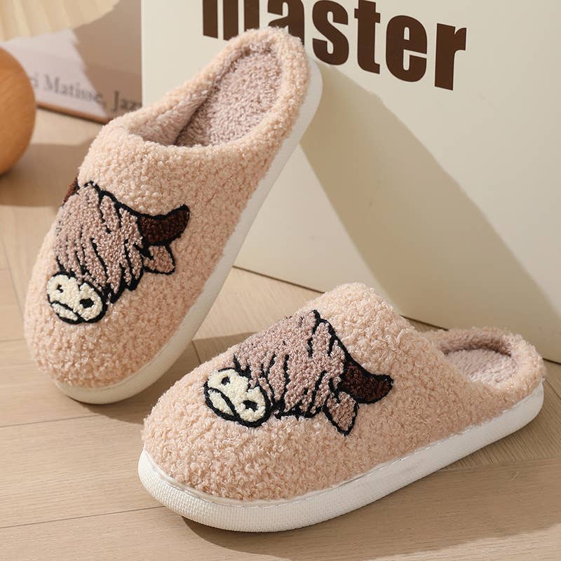 Khaki Western Bull Knit Plush Home Slippers for wholesale on Faire0