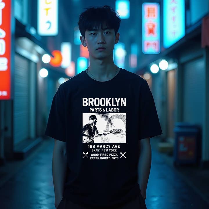 Brooklyn Parts & Labor Pizza Tee – Four à bois Marcy Ave pour la vente par GoboxPrintCo