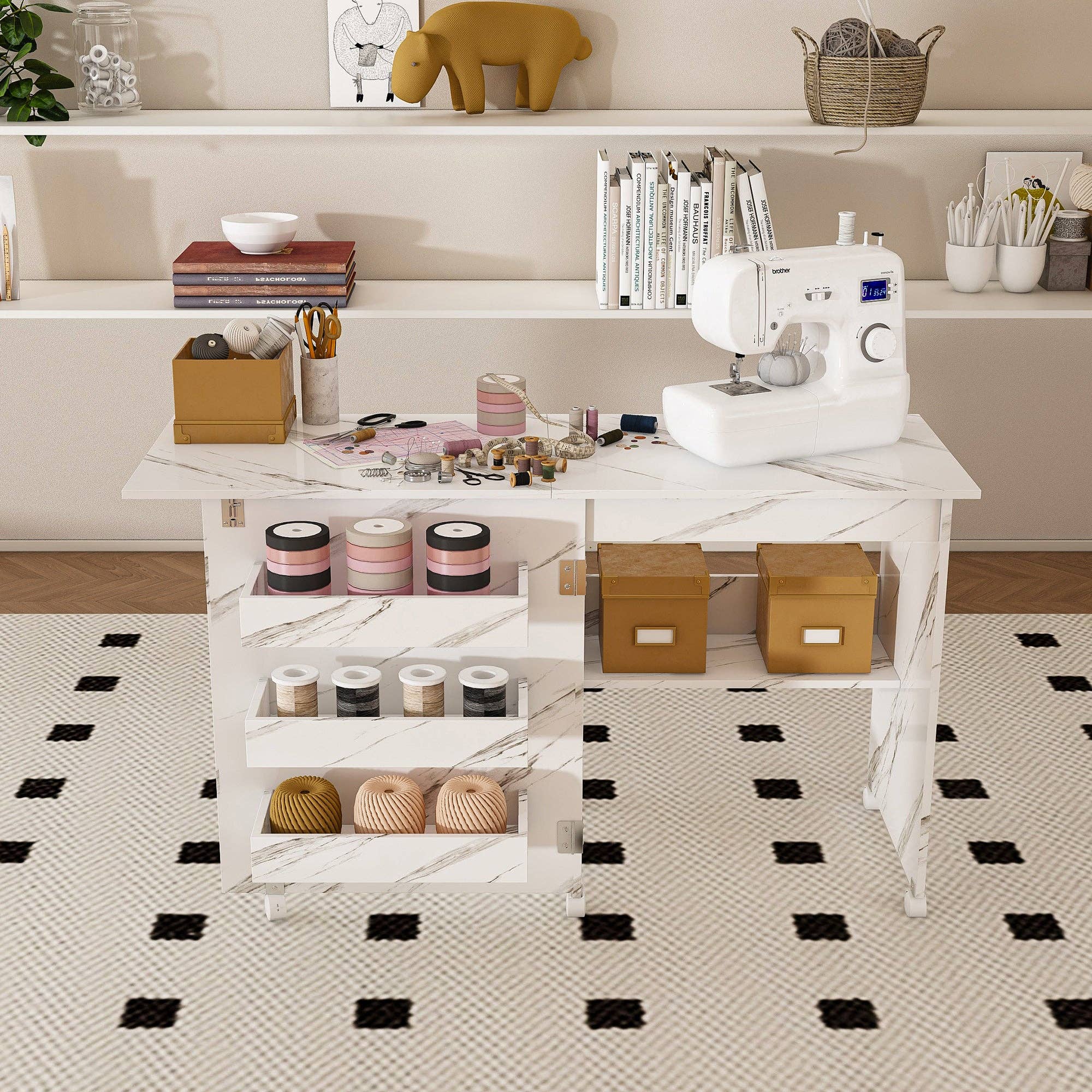 39F Inc. - Wholesale Craft Supplies - 4-in-1 Folding Sewing Table w/Lockable Wheels (White MDF)1