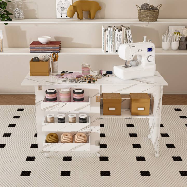 39F Inc. - Wholesale Craft Supplies - 4-in-1 Folding Sewing Table w/Lockable Wheels (White MDF)1