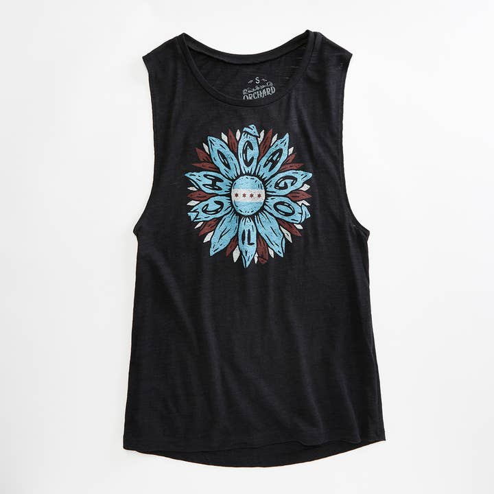 Chicago Flower Black Damen Slub Tank für den Großhandel von Orchard Street Apparel