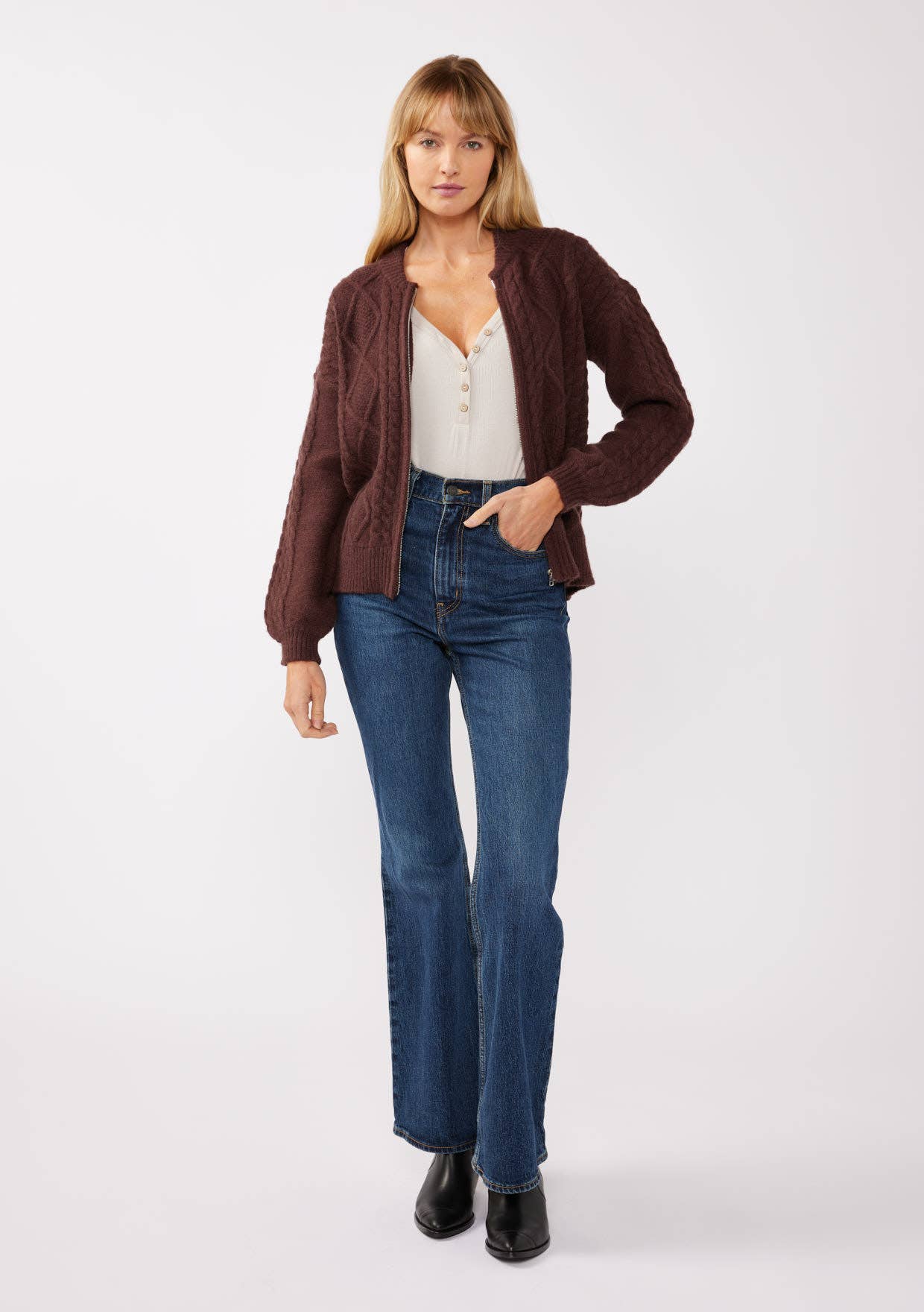 Lovestitch - Wholesale Cardigan - Women's - Long Sleeve Cable Zip-Up Coatigan4