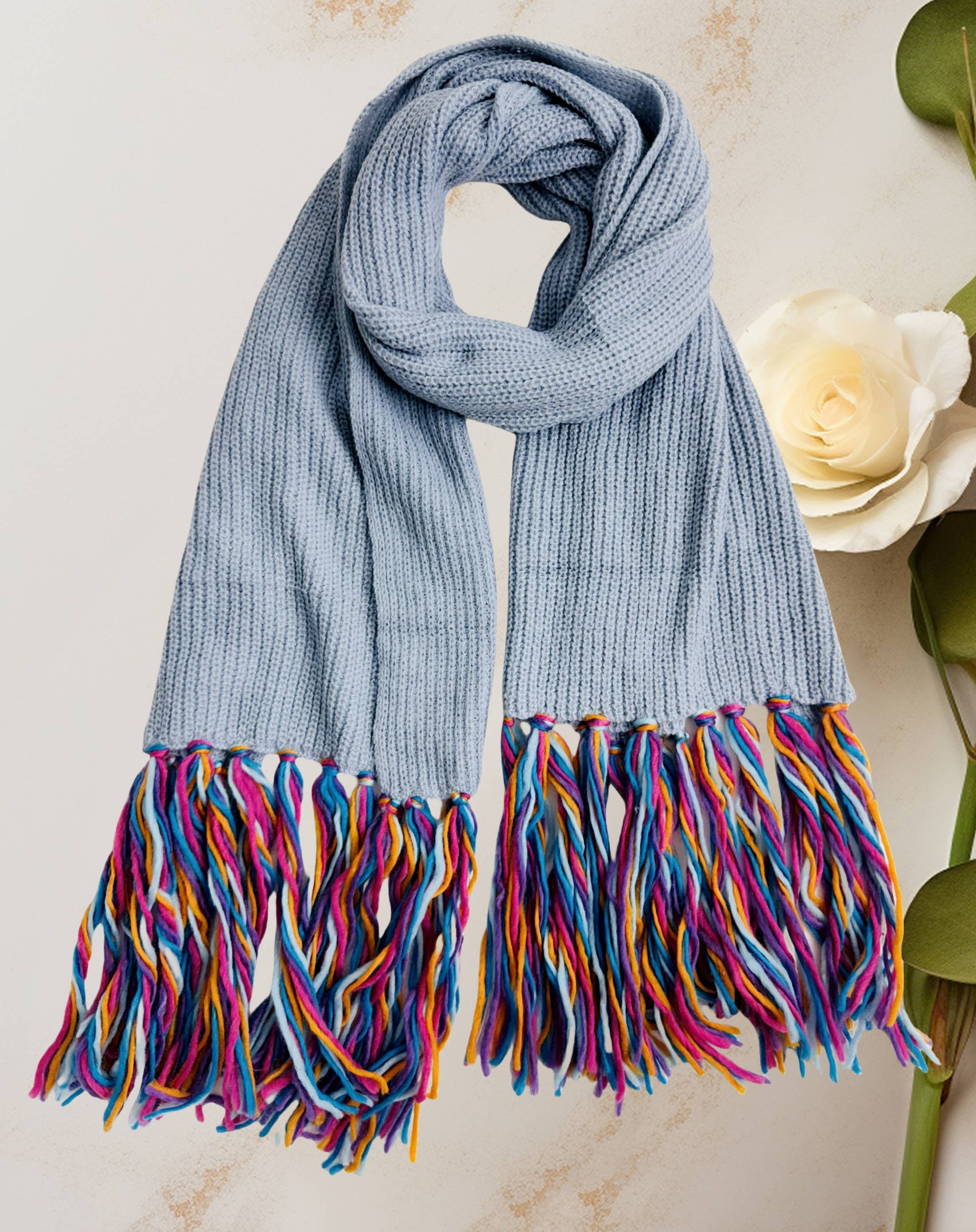 JC Sunny Fashion - Wholesale Scarf - Women's - JC023327 Cozy Knit Scarf with Handcrafted 10” Multicolor Tassels4