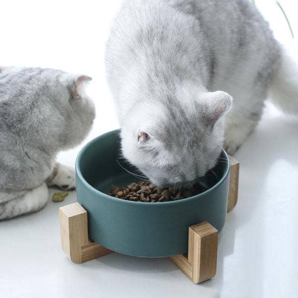 Ceramic Pet Bowls With Wooden Stand - Gray for wholesale on Faire2