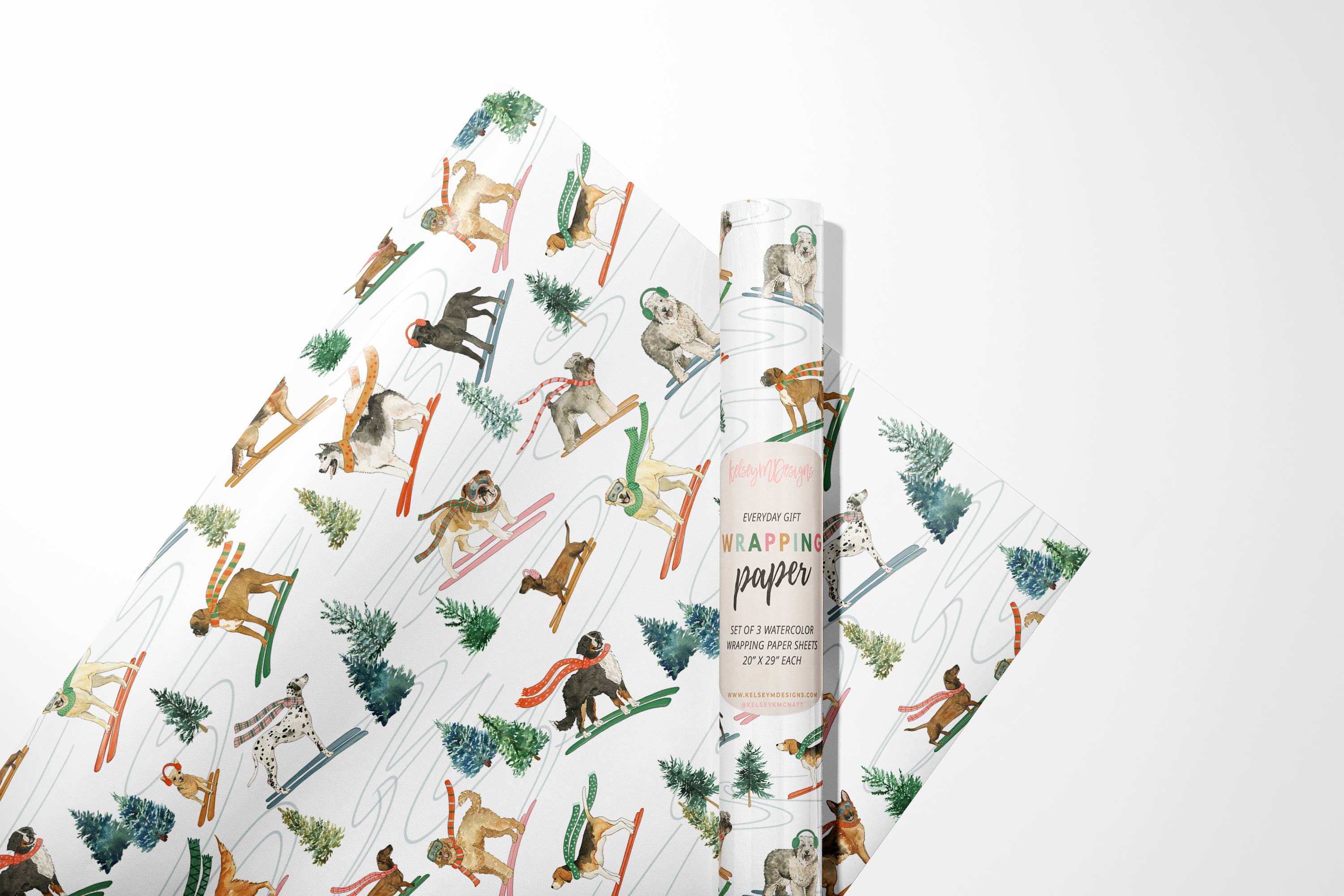 KelseyMDesigns - Venta al por mayor Rollos de papel de regalo - Papel de regalo navideño con perros esquiadores - Rollo de 3 hojas1