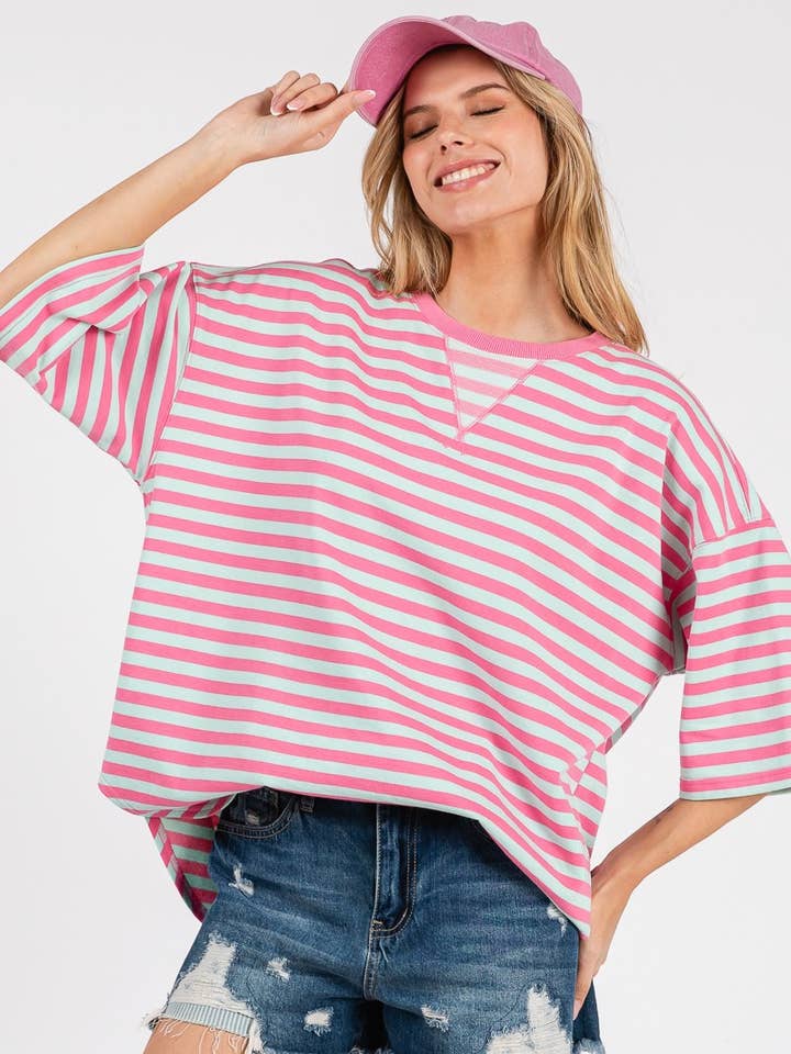 Sewn and Seen - Wholesale Tunic - Women's - STRIPED OVERSIZED SHORT SLEEVE TOP 22