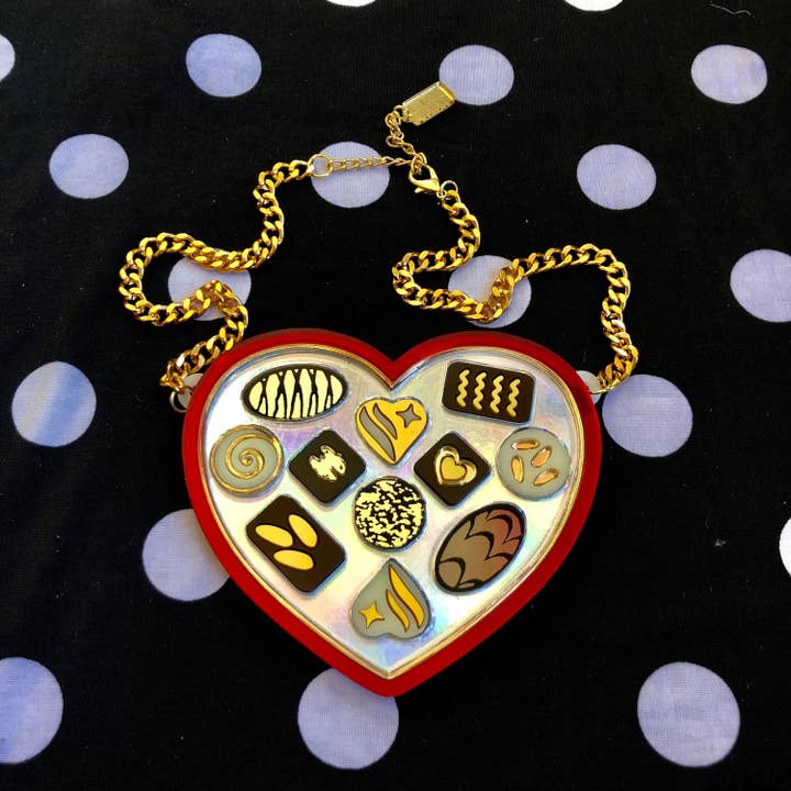 I'm Your Present – wholesale Pendant/charm necklace – Heart Shaped Chocolate Box Necklace, Valentine'S Day, Laser Cut Acrylic, Plastic Jewelry
