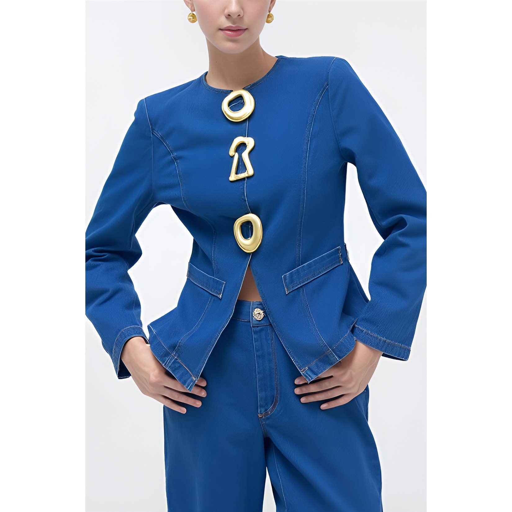 Wholesale X0236LS Gold Statement Button Denim Set for your store - Faire