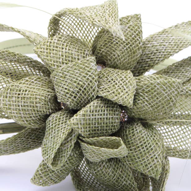 Inca UK – wholesale Fascinator-hatt - Dam – Stil Ruby. Sage Green sinamay blommafascinator med fjädrar5