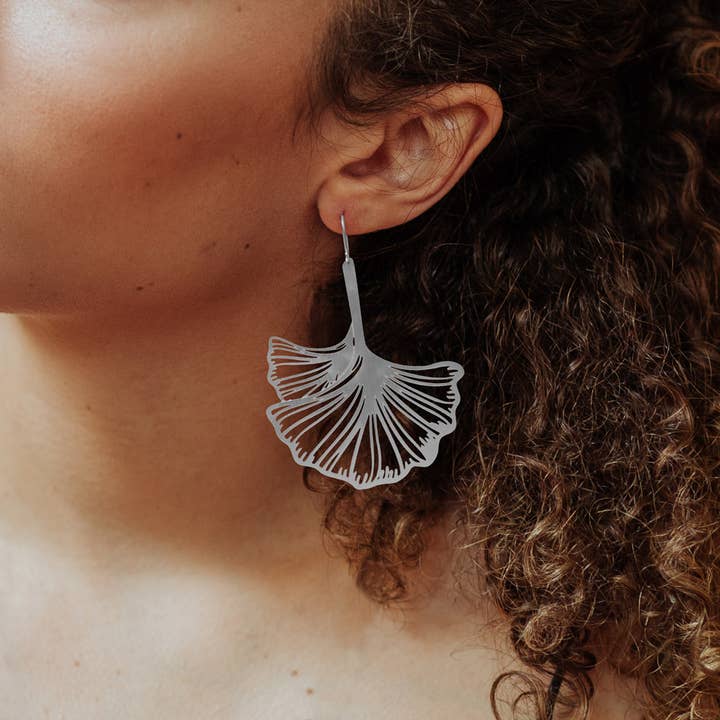 RAS - Wholesale Dangle Earrings - Ginkgo Biloba Silver Plated XL Earring1