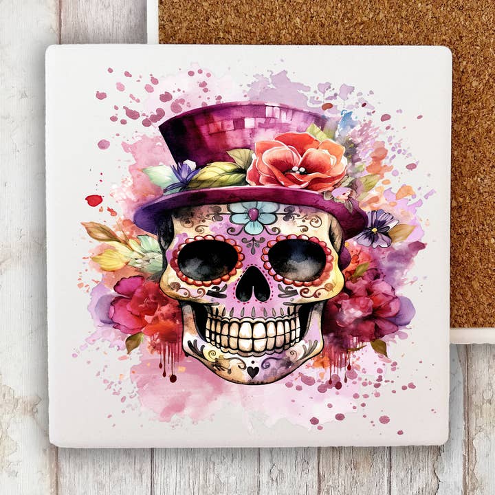 Day of the Dead Sugar Skull Top Hat Stone Coaster for wholesale by Avery Lane Gifts