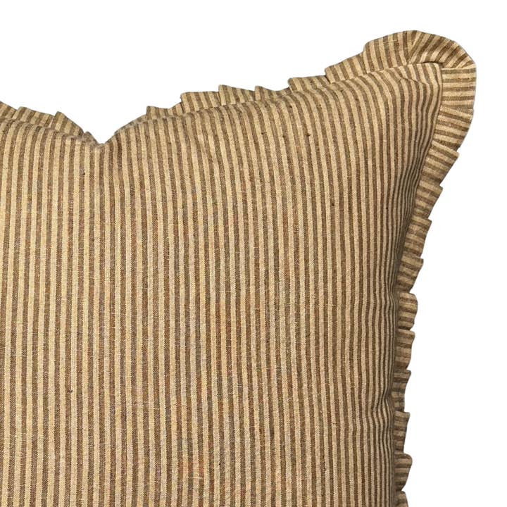 Linen & James - Wholesale Throw Pillow Cover - Foster | Brown Tan Pleated Ruffle Linen Stripe Pillow Cover1