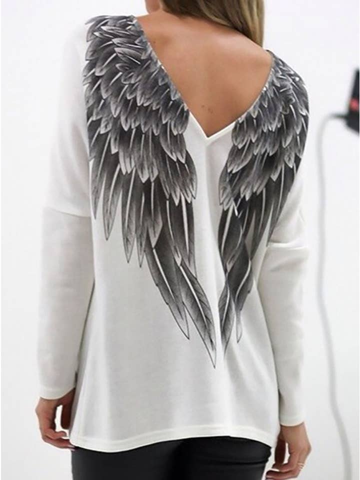 White Angel Wings on Back V-neck T-shirt for wholesale on Faire