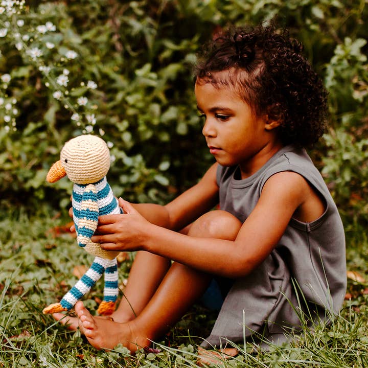 Organic Duck Rattle - Yellow and Blue for wholesale by PebbleChild USA