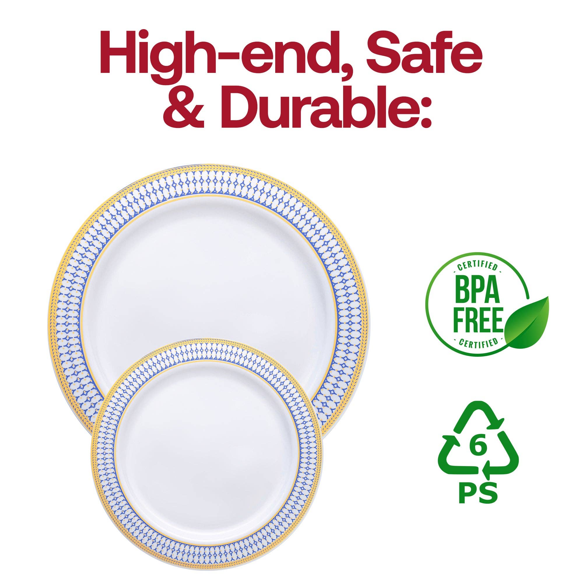 Smarty had a Party - Wholesale Disposable Plate - 10.25" White/Blue Gold Rim Plastic Dinner Plates - 120 pcs4