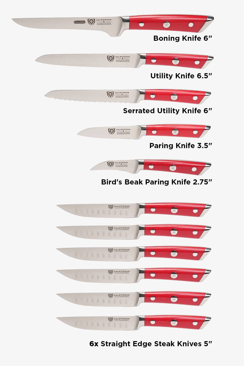 Dalstrong - Wholesale Knife Set - 18-piece Colossal Knife Set with Block | Red Handles | Gladiator Series | Knives NSF Certified | Dalstrong ©10