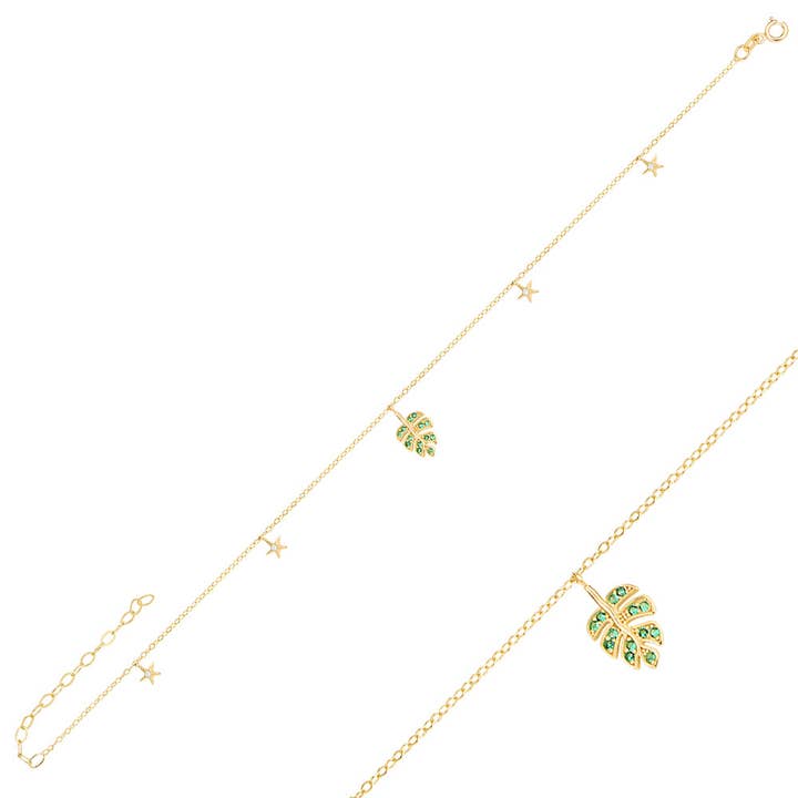 TOBILLERA HOJA DE MONSTERA DE ORO Y ESMERALDA para venta al por mayor de Sestra Jewelry