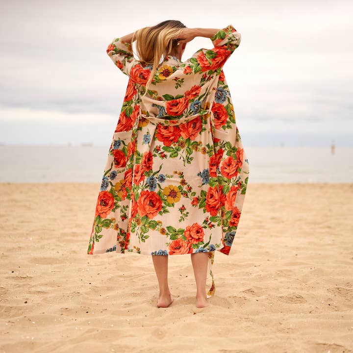 Linen Connections - Wholesale Robe - Women's - Cotton Kimono Bathrobe Frida Waffle Robes Cream Floral Print