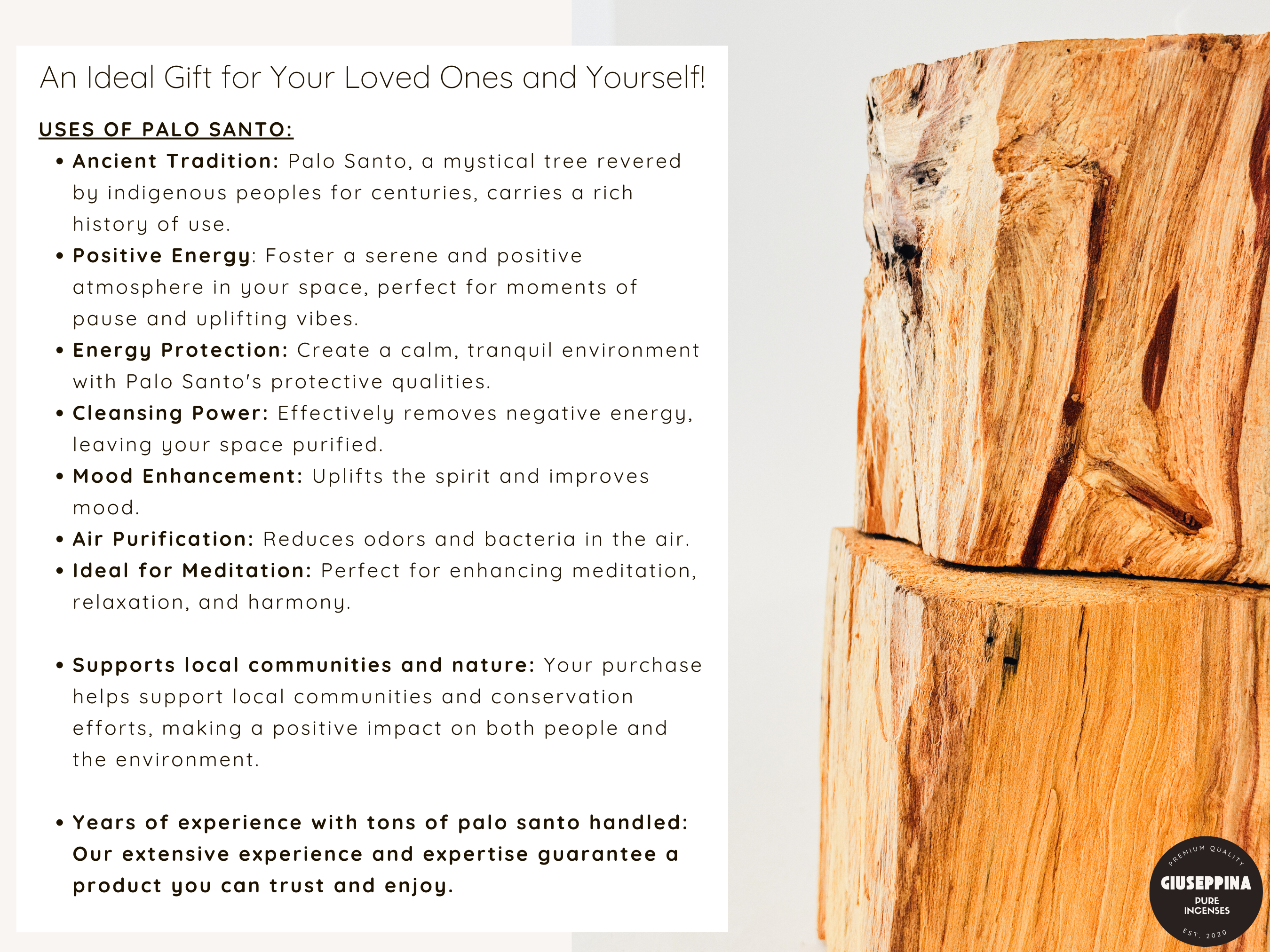 Giuseppina Shop – Engroshandel Røgelse – Stor Palo Santo Træklods - UNIK Peruvian Palo Santo Stykke6