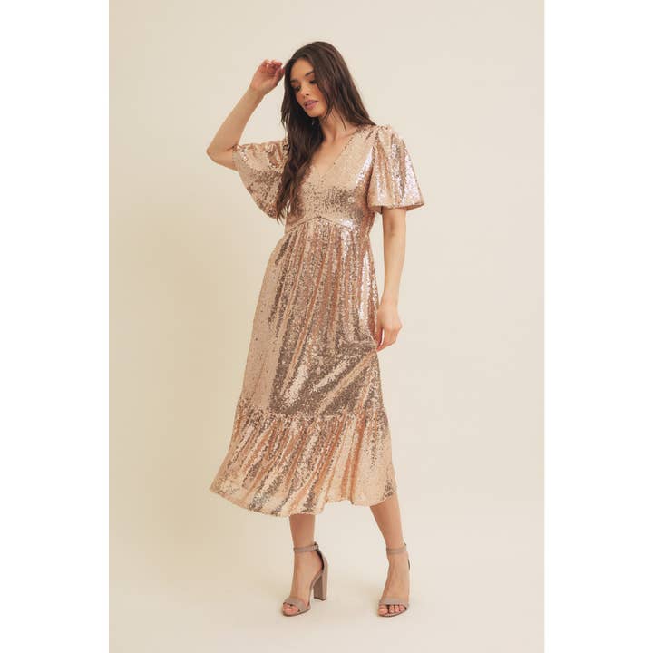 CHAMPAGNE SPARKLING LONG SLEEVED SEQUIN MIDI DRESS for wholesale on Faire