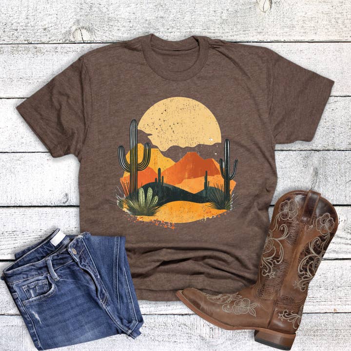 Grafisch T-shirt met zonsondergang en cactussen in de westelijke woestijn voor wholesale door Rebel Rose