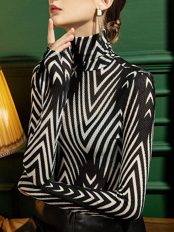 BLACK Long Sleeves Skinny Striped High-Neck T-Shirts Tops for wholesale on Faire